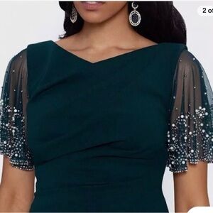 BETSY & ADAM | Hunter Green Mesh Embellished Sleeve Sheath Dress Plus 16W